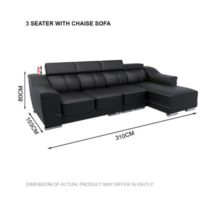 Lyla Half Leather Cowhide 3 Seater With Chaise Sofa