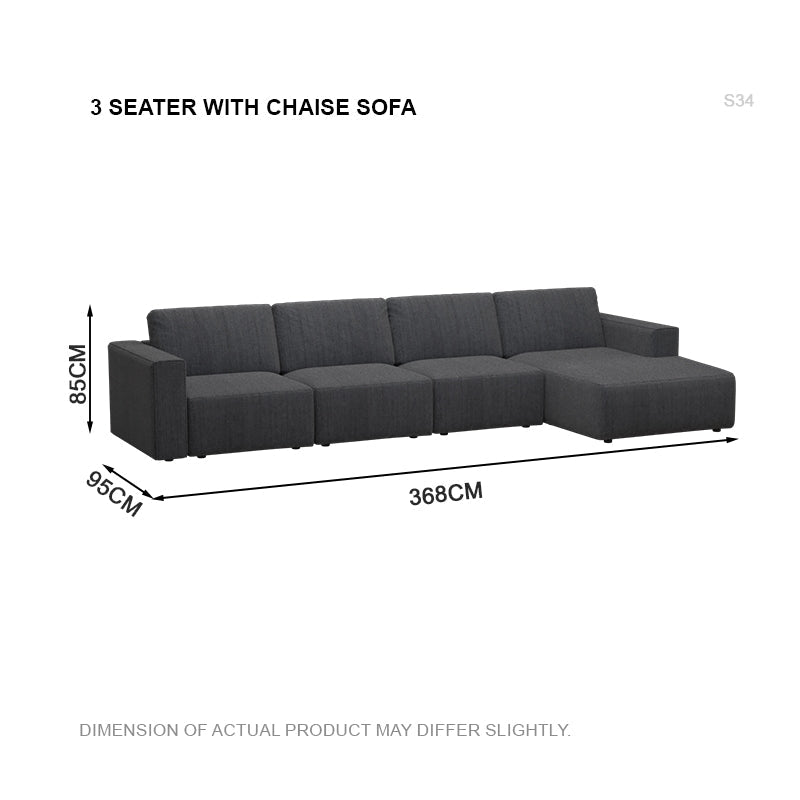 Jade Fabric 3 Seater With Chaise Sofa