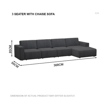 Jade Fabric 3 Seater With Chaise Sofa